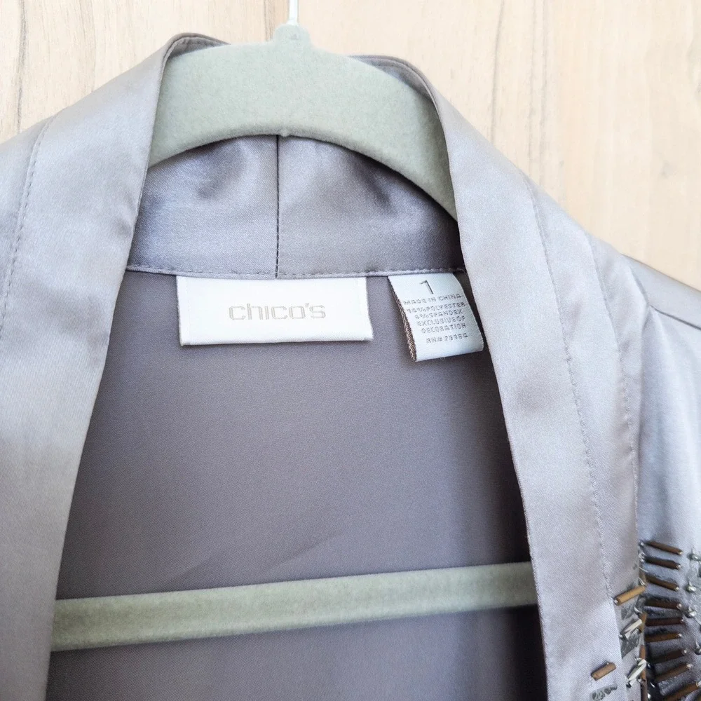 Chicos Womens Beaded Sunrise Jacket Size‎ M Silver Open Front Quiet Luxury Chic